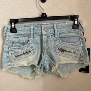 True Religion Blue Jean Shorts with Distressed Hem and Zipper Accents